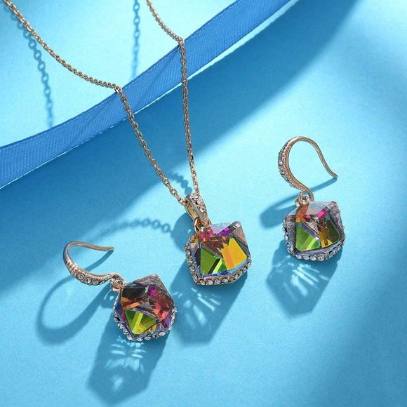 New Colorful Cubic Austrian Crystal Pendant Necklace Earrings for Women … - Picture 6 of 9
